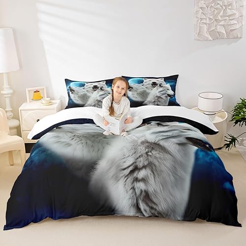 Manfei Juego de funda de edredón con estampado 3D de lobo blanco, juego de ropa de cama de 3 piezas para decoración de habitación de niños y