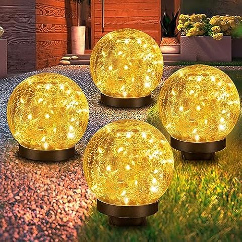 YWYWLED Solar Garden Lights - Two Lighting Modes 4.7’’ Cracked Glass Solar Lights, 30 LEDs Solar Lights for Outside Garden Patio, Porch, Lawn, Yard Decorative (Warm White, 4 Globes) Cover