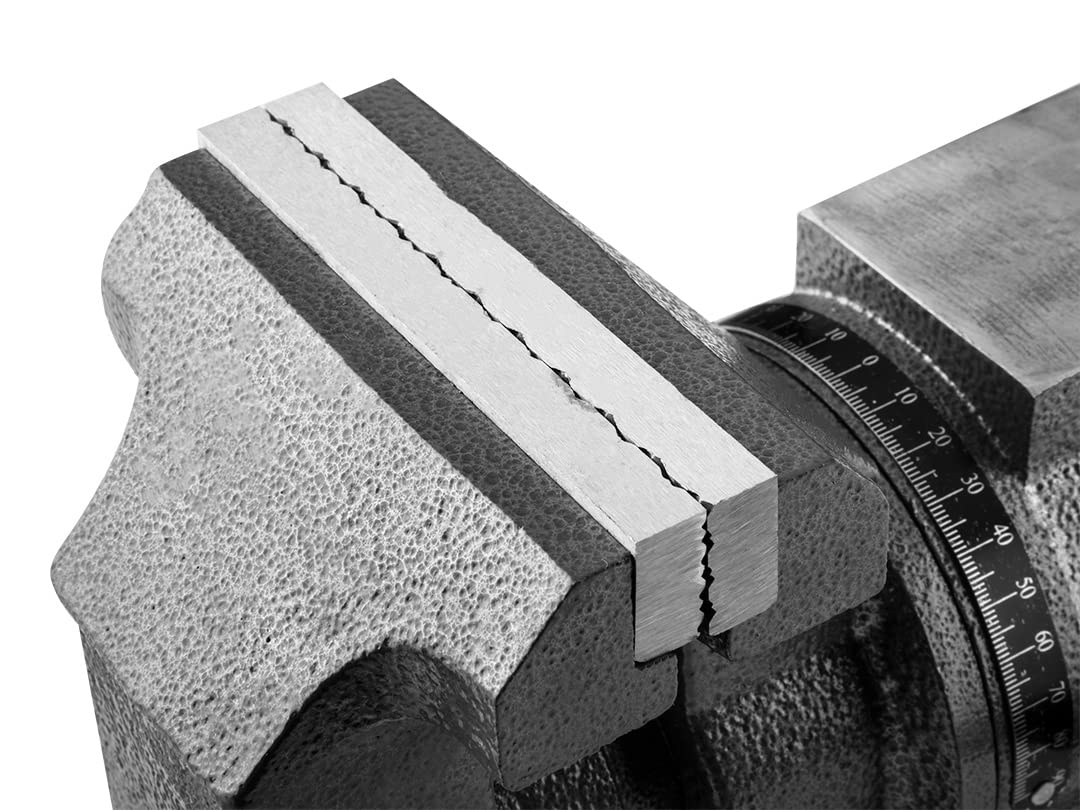 NEO TOOLS Obrotowe imadło ślusarskie 100 mm, 360 stopni, z kowadłem, dwa rodzaje szczęk do owalnych i regularnych przedmiotów. Wykonane z żeliwa