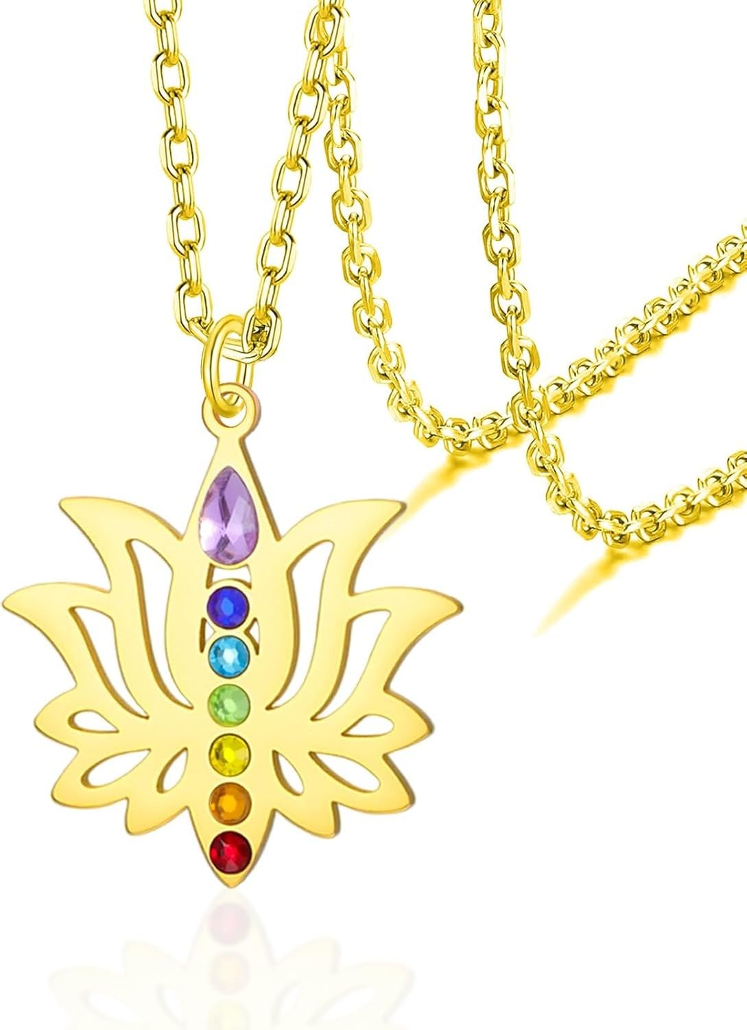HUGGWRT Lotus Flower Chakra Necklace for Women 7 Chakras Pendant with OM Symbol Buddha Amulet Spiritual Healing Jewelry Yoga Meditation Gift, Gold