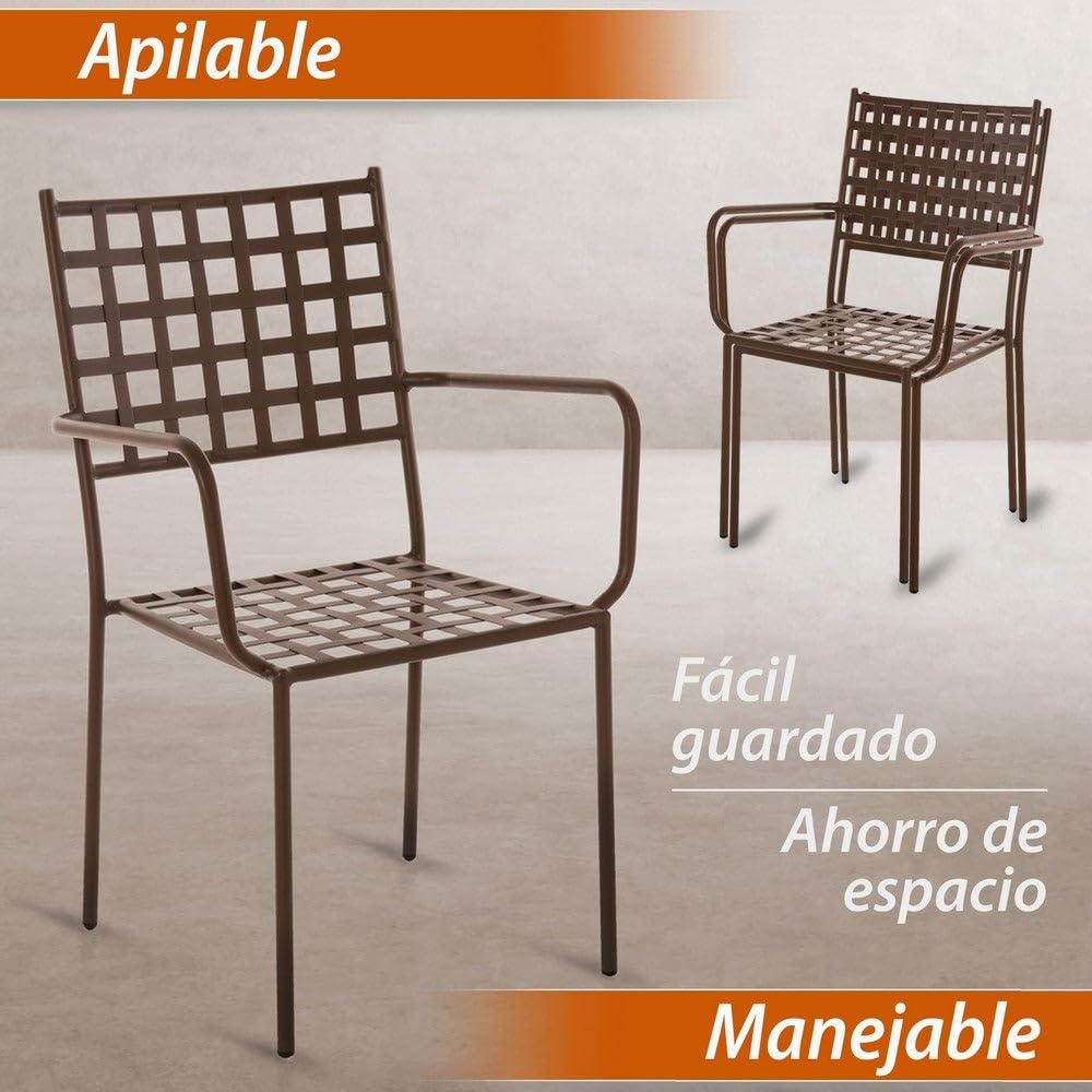 LOLAhome Pack 2 Silla de jardín Cartago Marrón Oxido | Estilo Hierro Forjado | Contract, Resistentes y Duraderas | Apilable y con Brazos | 56x61x90 cm | para Exterior, jardín, terraza | Cartago