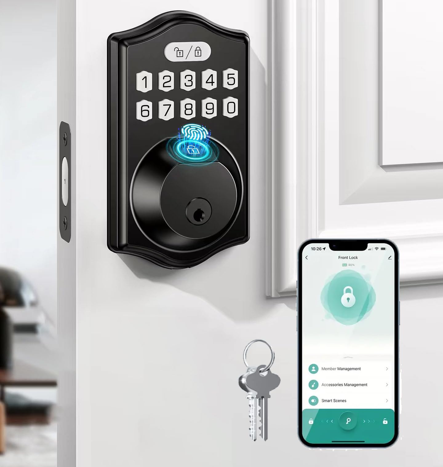 Koeay Security Smart Lock, Keyless Entry Door Lock with Keypad, Smart Deadbolt Lock for Front Door with 2 Keys, Built-in Wi-Fi, App Remote Control, Auto Lock, Easy Installation (Black)