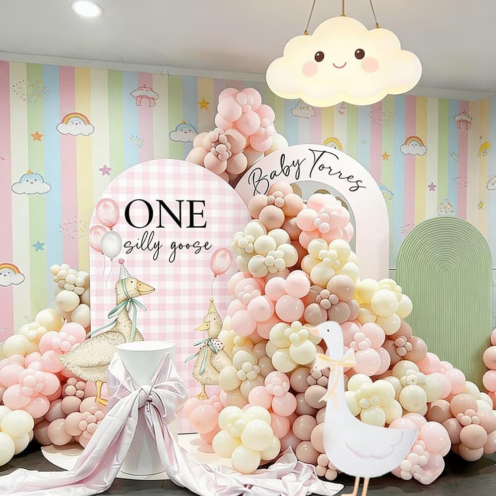Set of 2 (7.2FT,6.6FT) Pink Plaid Silly Goose Arch Backdrop Covers,Olive Ripples Spandex Arch Fabric Cover for Girls 1st Birthday Baby Shower Party Decoration