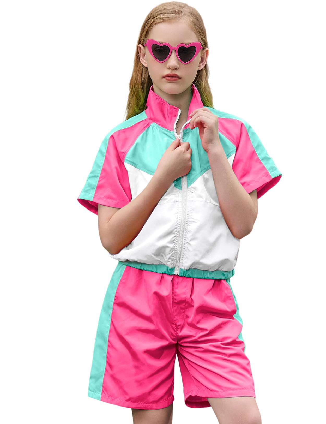 Perfashion Girls Summer 2 Piece Outfits 80s 90s Tracksuit Windbreaker &amp; Short Sets Hip Hop Dance 4-13Y