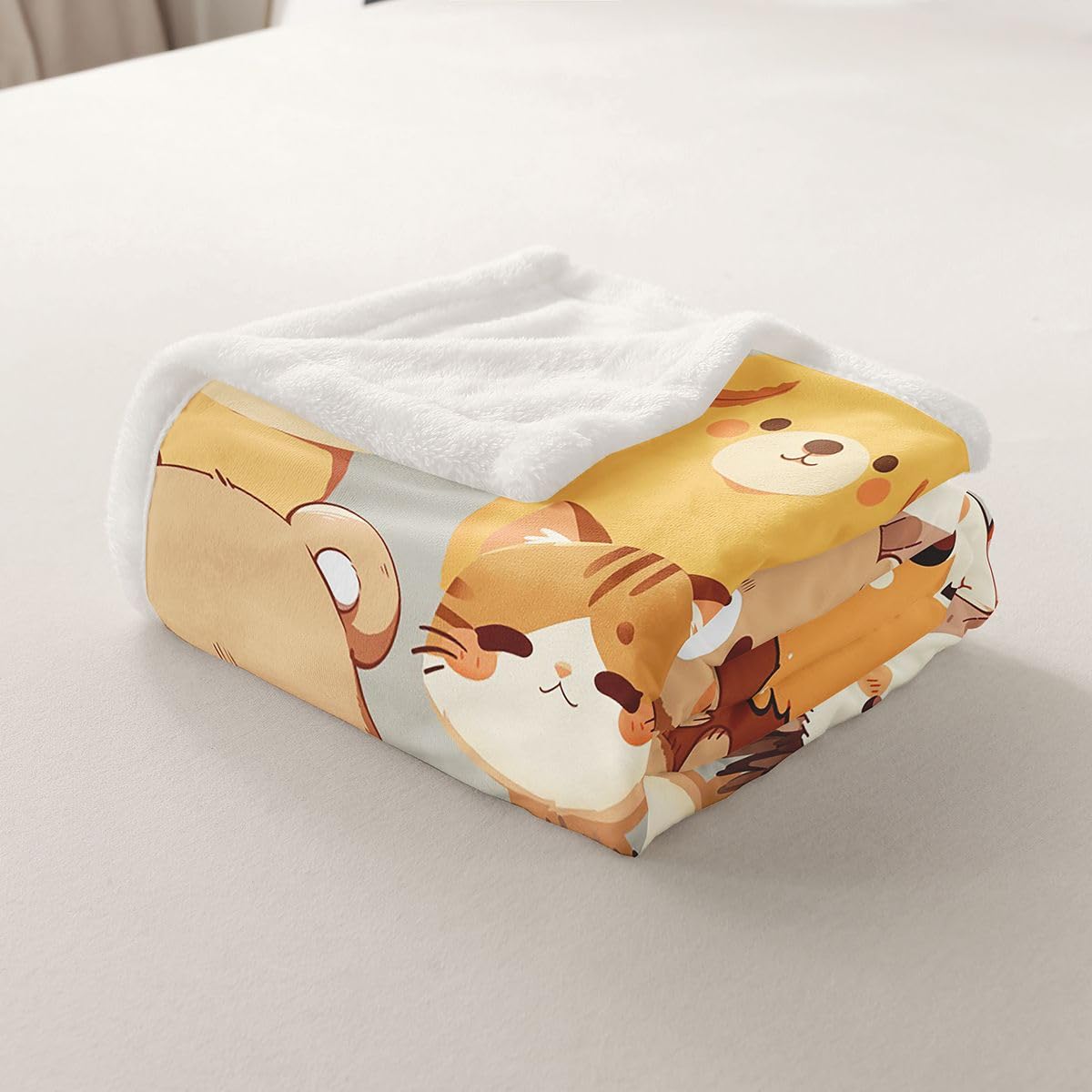 Kawaiis koc polarowy ze zwierzętami, rozmiar bliźniaków, kot, lis, niedźwiedź, jeleń, jeż, nadruk na łóżko, dla nastolatków, kreskówek, dzikie zwierzęta, dekoracja domu do biura