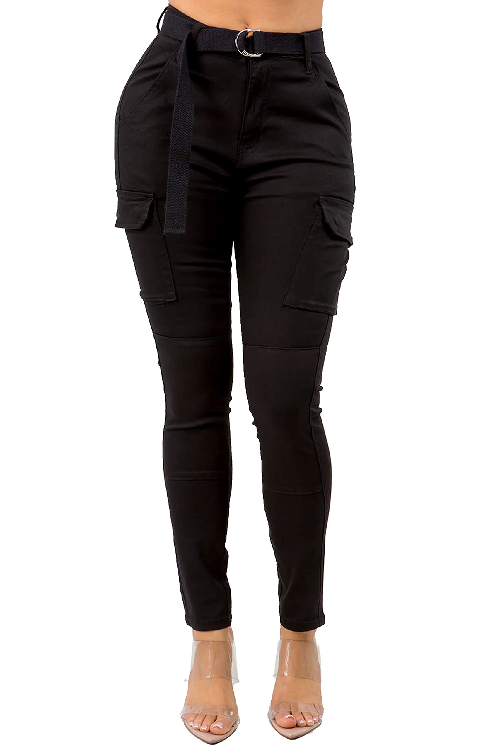 TwiinSisters Women's High Waist Skinny Pockets Utility Cotton Pants Jogger Jeans with Adjustable Belt for Women