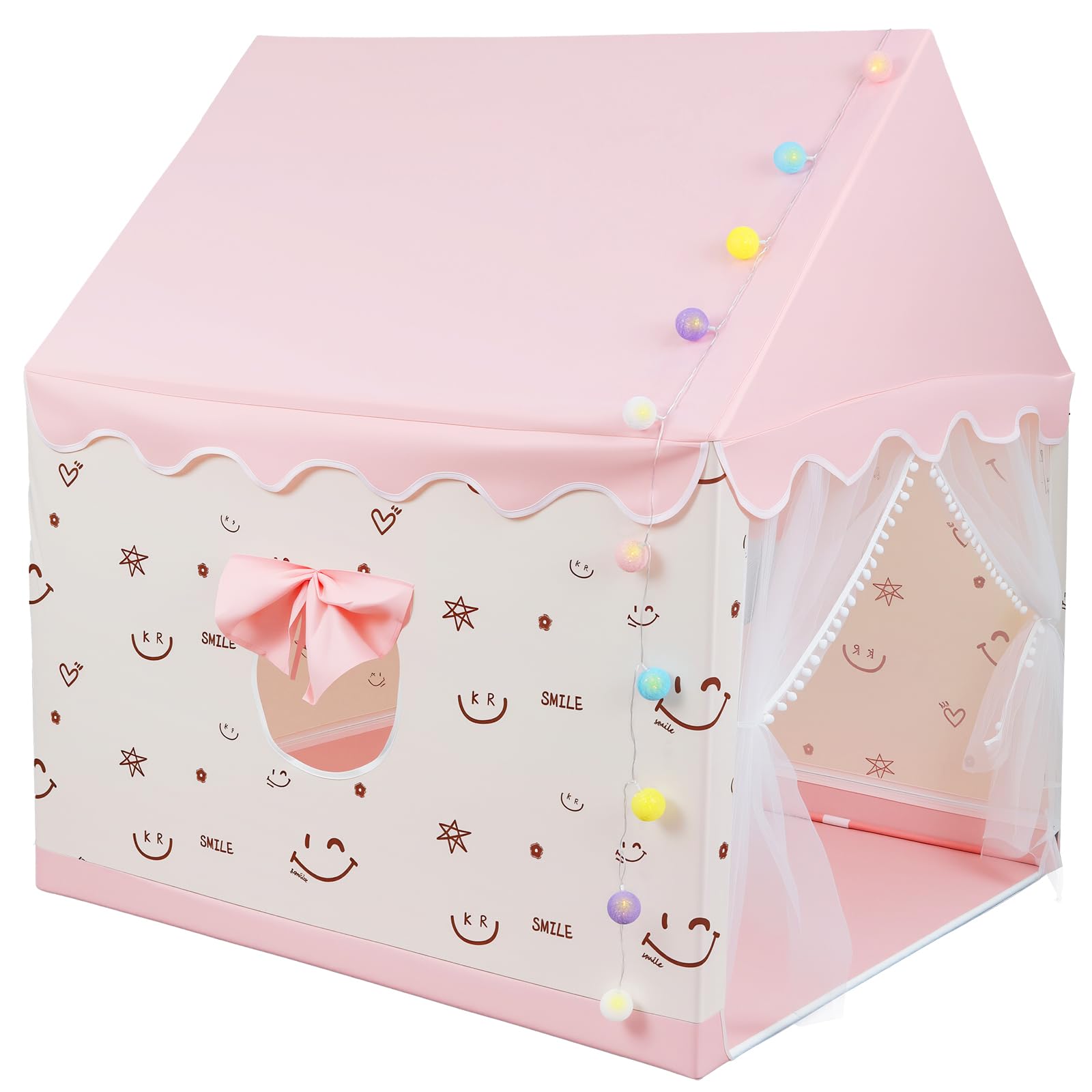 eSynic Tenda da Gioco per Bambini con Luci LED Decorative, Casetta Stanza di Attività Giochi Riposo con 2 Finestre per 2-3 Piccoli, Angolo da Lettura Studio, Facile da Montare - Rosa