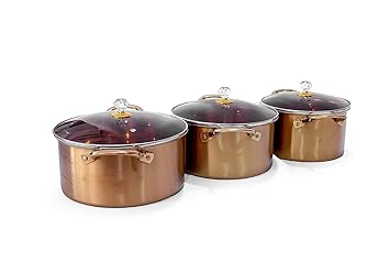 Arkit Home Kitchen Appliances Brass Golden Serving Pot Pan Biryani Handi with Glass Lid Induction Cookware Set 3 Pc Boiling Pot with Lid