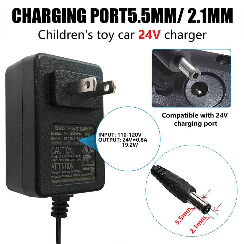 24V Charger for Ride On Toys, 24V Battery Charger with Charging Indicator Light for Ride On Car, Wrangler SUV, Dynacraft Toy Car, Kid Trax, Jeep ATV, 800mA Supply Power Adapter