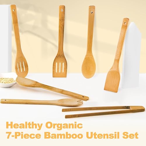 Vista 31 de Cucharas de madera para cocinar 7 piezas, juego de utensilios de cocina de bambú antiadherentes, cuchara de espátula de madera de bambú saludable