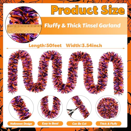 Image of 50 FT Halloween Tinsel Garland, Thick Glitter Hanging Streamers Black Orange Purple Mixed Color Metallic Tinsel Hanging Oranment for Halloween Party Supplies Indoor Outdoor Decoration