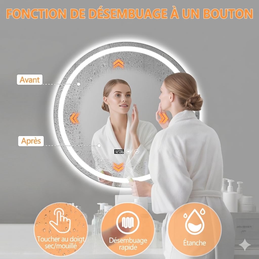 Miroir Salle de Bain Rond LED 60 cm - Anti-Buée, Interrupteur Tactile, Affichage Heure et Température - Miroir Mural Lumineux en Verre Trempé pour Maquillage et Vasque