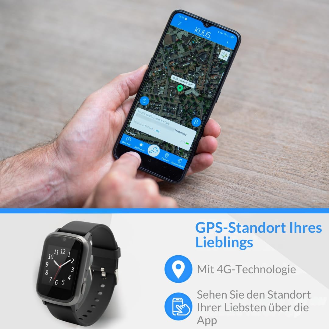 KUUS. S5 Notruf Uhr mit Sturzerkennung - Notrufknopf für Senioren - GPS Tracker Senioren mit Ortung. Senioren Smartwatch mit SIM Karte ohne Handy - Demenz Uhr Hilfsmittel Notfallarmband Erwachsene