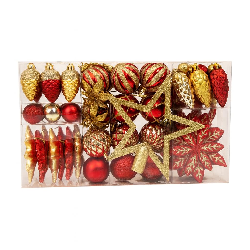 Neo Red & Gold 110Pcs Christmas Tree Ornaments Set Shatterproof Baubles Decorations Tree Topper Star Luxury Ornament Kit Christmas Star Topper, Balls, Snowflakes & Icicles (Red & Gold)