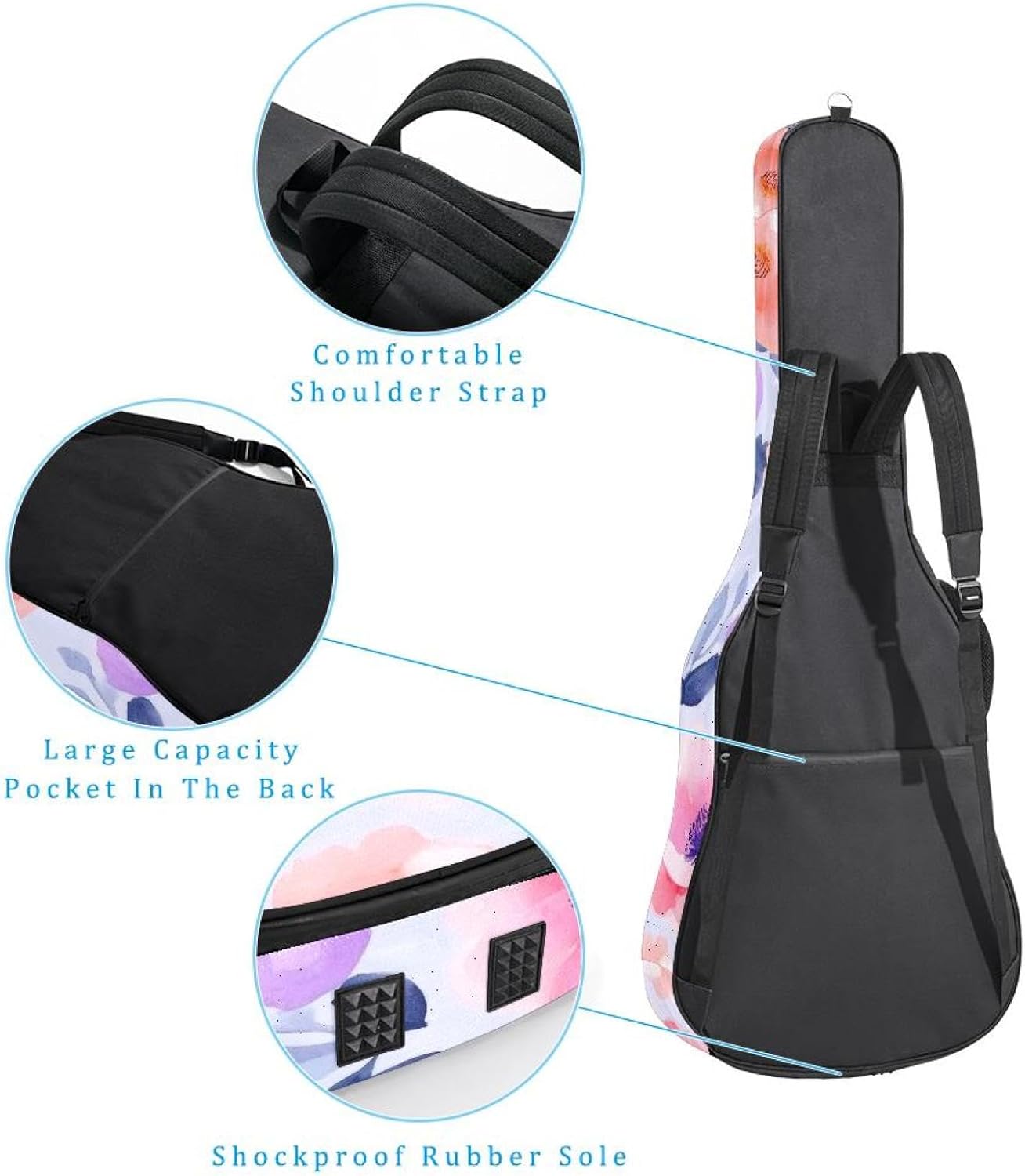 40 41 42 Inch Acoustic Guitar Bag, 0.4 In Thick Sponge Padded Guitar Case Gig Bag with Back Hanger Loop and 2 Pockets, Flower Watercolor Seamless Pattern