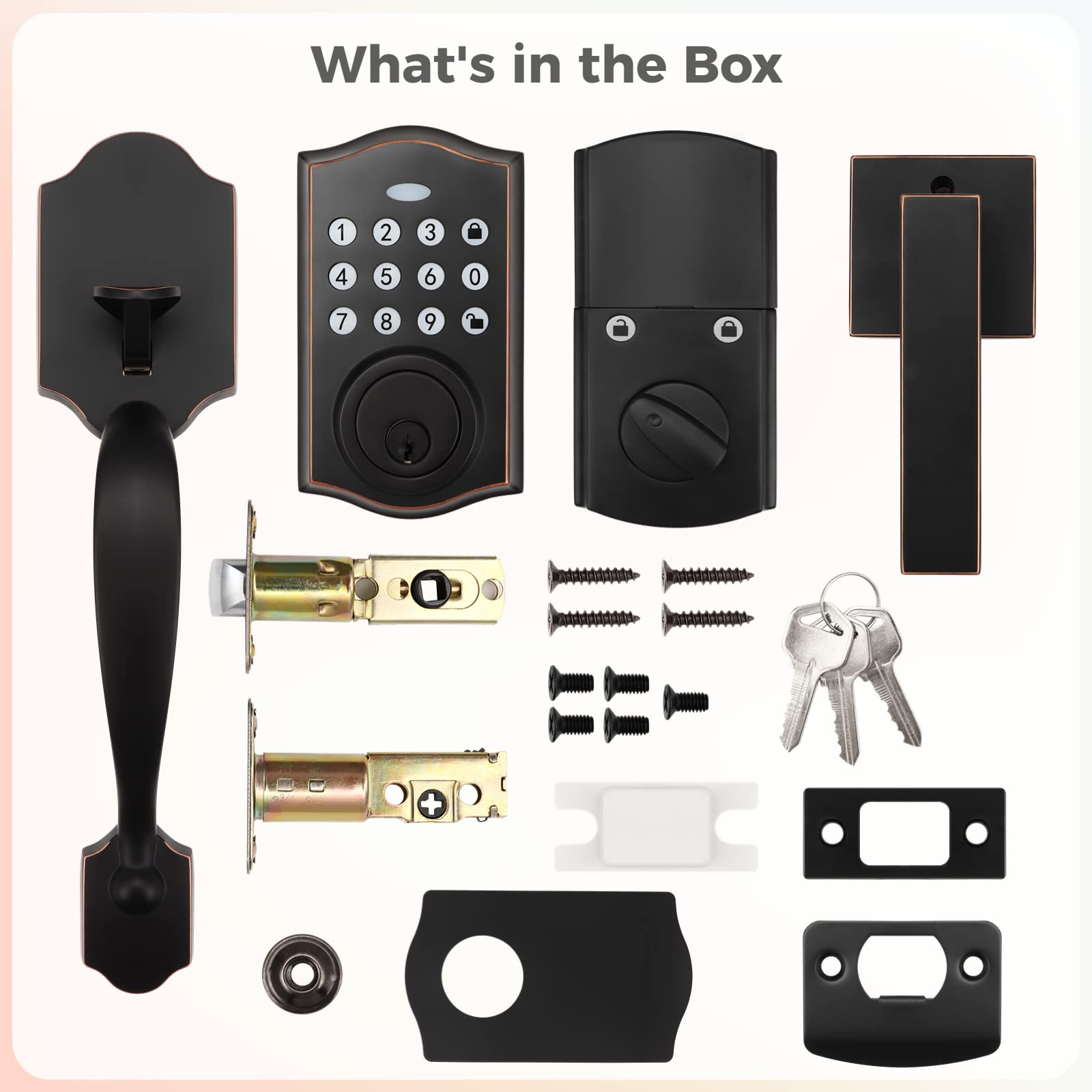 Keypad Door Lock with Handle, Rubbed Bronze, Anti-Peep Password Keyless Entry Deadbolt, Auto-Lock Keypad Door Lock, Allow 60 User Codes to Set, IP65 Waterproof Front Door Lock