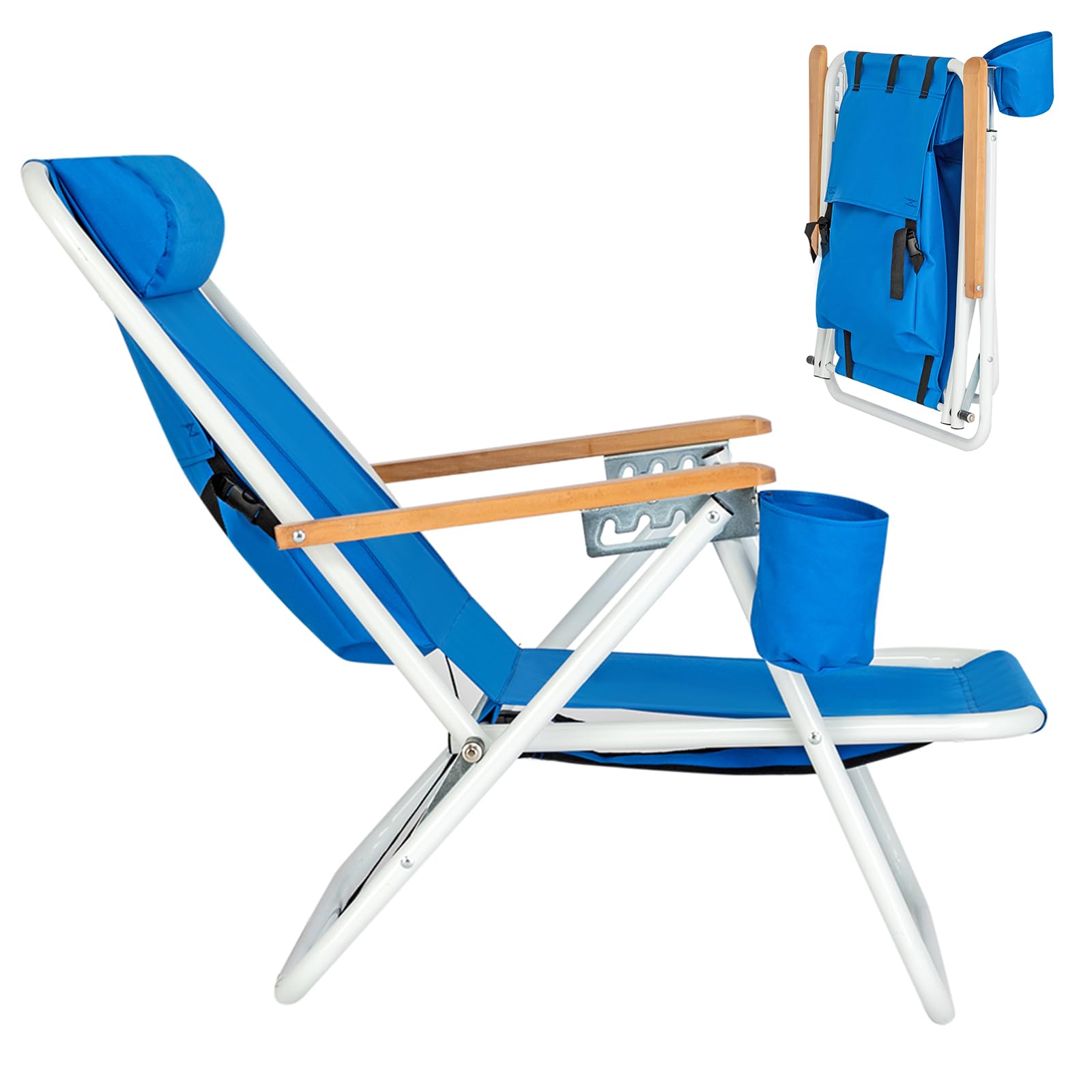 Folding Backpack Beach Chair, 4 Position Portable Camping Chair with Headrest Cup Holder and Wooden Armrests (Blue, 1 Pack)