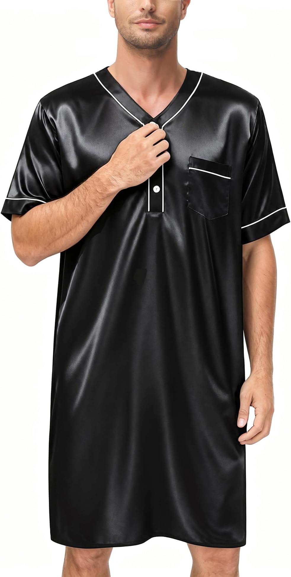 Mens Silk Satin Nightshirt Short Sleeve Loose Henley Sleep Shirt Comfy Nightgown Big & Tall Men Sleepwear