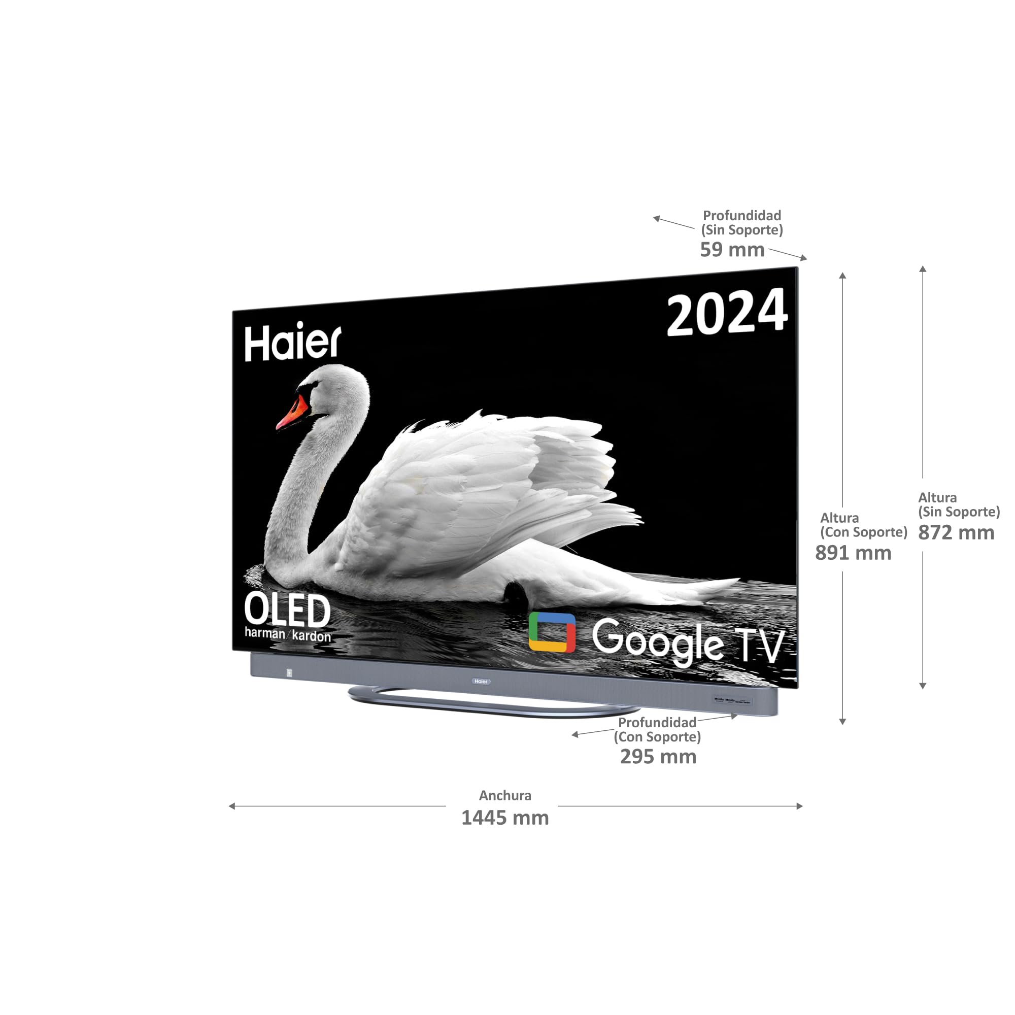 Haier OLED Harman Kardon 4K UHD H65C900UX - 65", Smart TV, Google TV, Dolby Atmos y Dolby Vision, HDR 10, Smart Remote Control, Google Assistant, Bluetooth 5.1, DBX TV, HDMI 2.1 x 4, Sin Marcos, 2024