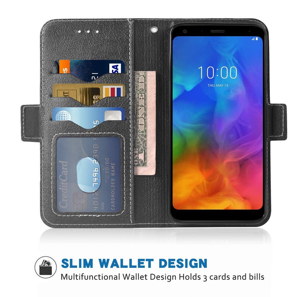 Phone Case for LG Q7 / Q7+ Plus Folio Flip Wallet Case,PU Leather Credit Card Holder Slots Full Body Protection Kickstand Protective Phone Cover for LGQ7 Q 7 7Q Q7+ Q7Plus LGQ7Plus Q610EM Cases Black