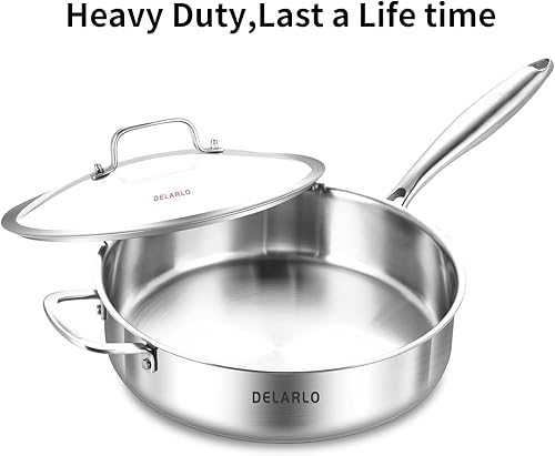 Miniatura 4 de DELARLO Sartén para saltear de acero inoxidable de tres capas de 7QT Jumbo con tapa, sartén para freír profunda de 12.5 pulgadas, sartén grande de