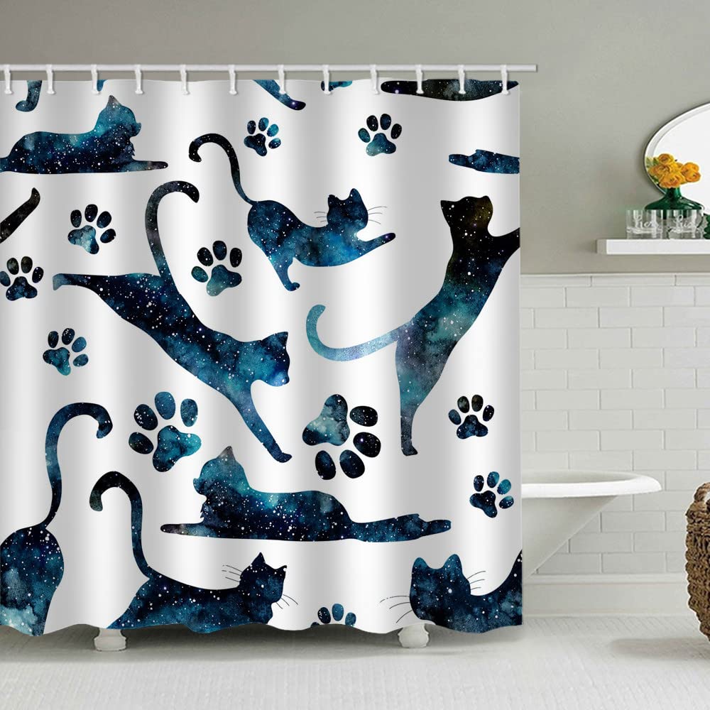 IcosaMro Cats Shower Curtain for Bathroom with 12 Hooks Starry Night Cloth Bath Decor Long Fabric Waterproof, 71x72 Inches, Space Blue
