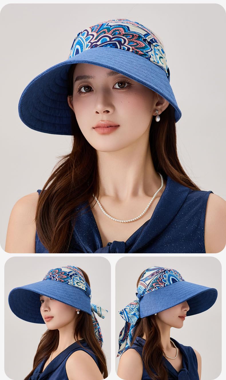 Cappello da donna con visiera a tesa larga | Sciarpa con visiera integrata in misto lino, motivo patchwork floreale, antivento, per spiaggia, ciclismo, viaggi