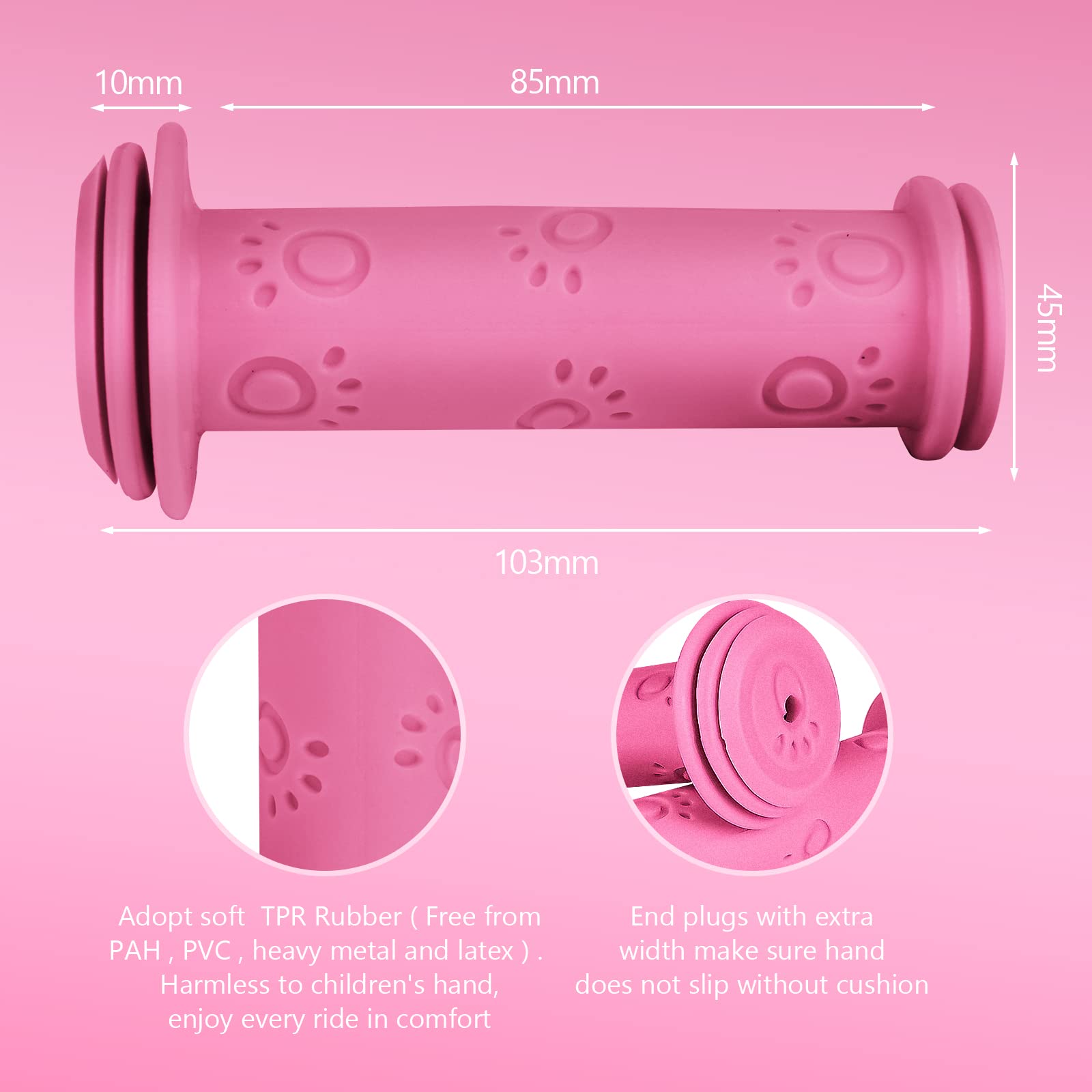 URAQT Paw Print Kid's Bike Grips - Soft Non-Slip, Universal for Kids' Mountain, Scooter & Bicycle Handlebars (Pink) - Image 2