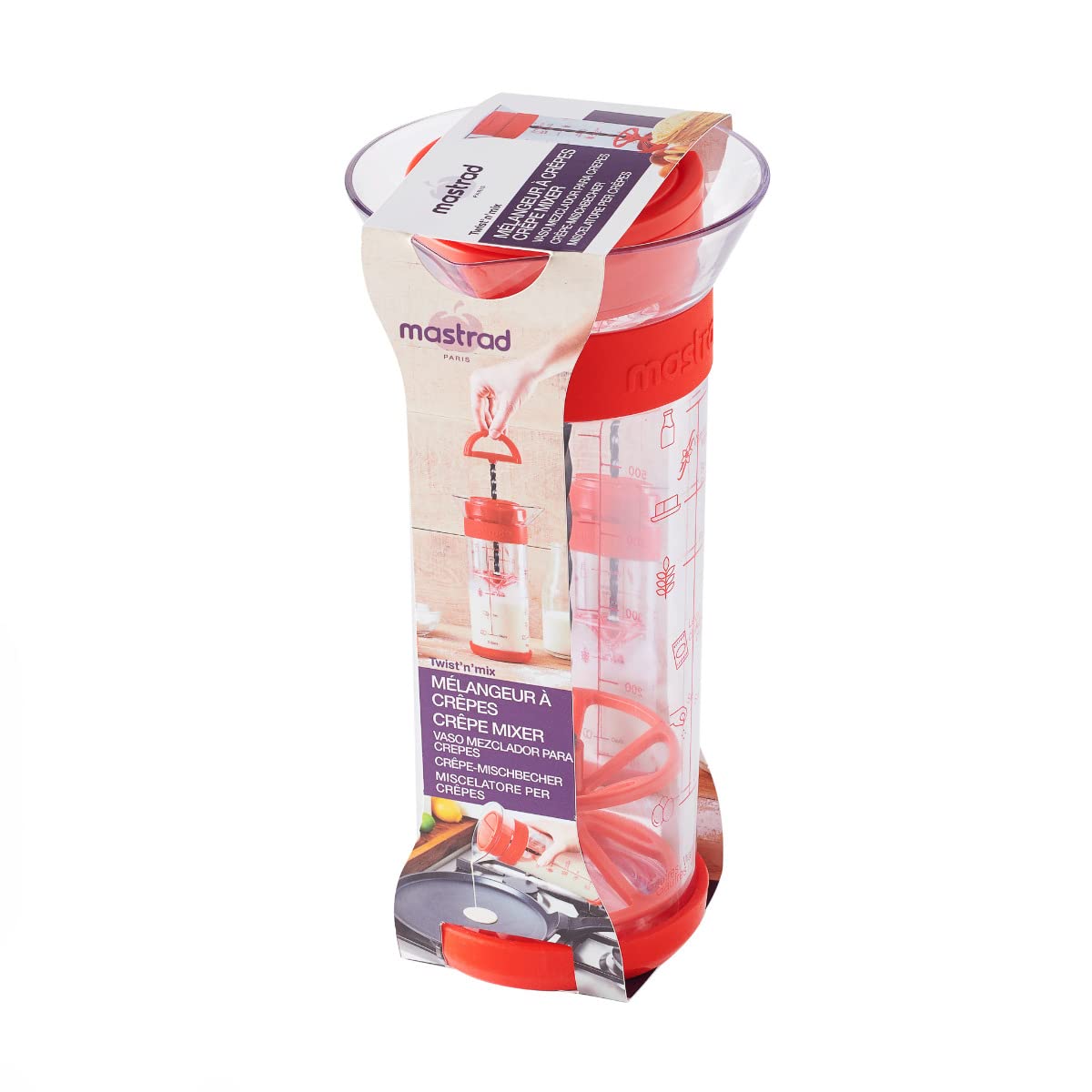 Mastrad - TWIST’N’MIX Mélangeur Pâte À Crêpes - 700 ml – Shaker Manuel Sans Électricité – Recettes Intégrées – Graduation ml/oz – Bec Verseur – Rouge