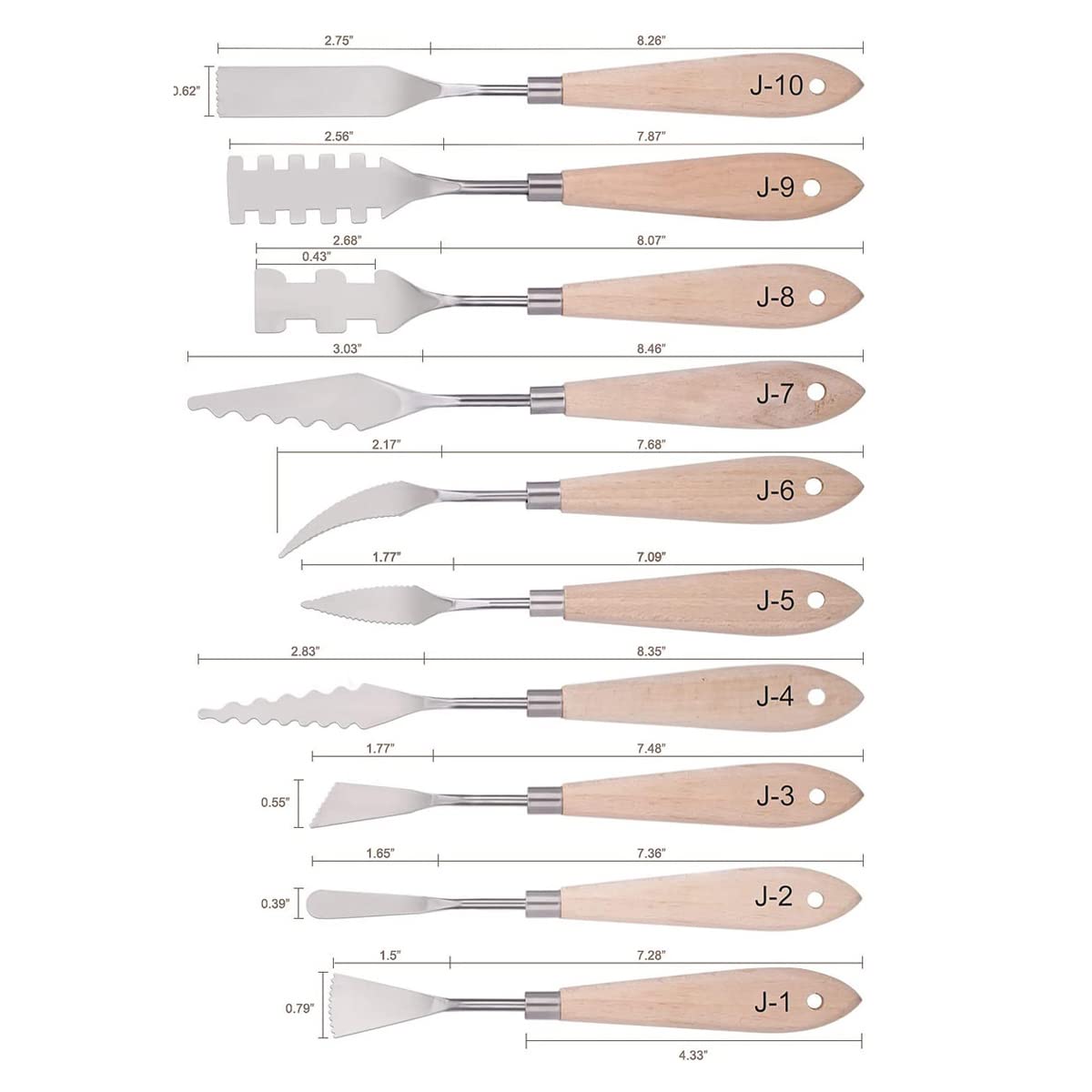 Farbmesser-Set – 10 Stück Edelstahlspachtel, Palettenmesser, Malwerkzeuge, Metallmesser, Holzgriff mit verschiedenen Formen und Größen für Ölmalerei, Acryl-Mischung