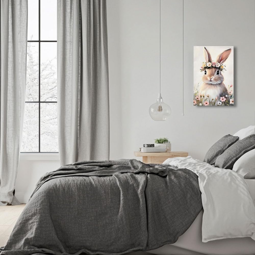 ZQQART Rabbit Canvas Wall Art Vintage Bunny Pictures Prints Easter Eggs Basket Painting Spring Christian Jesus Poster Home Decor (Pink,12L x 18W)