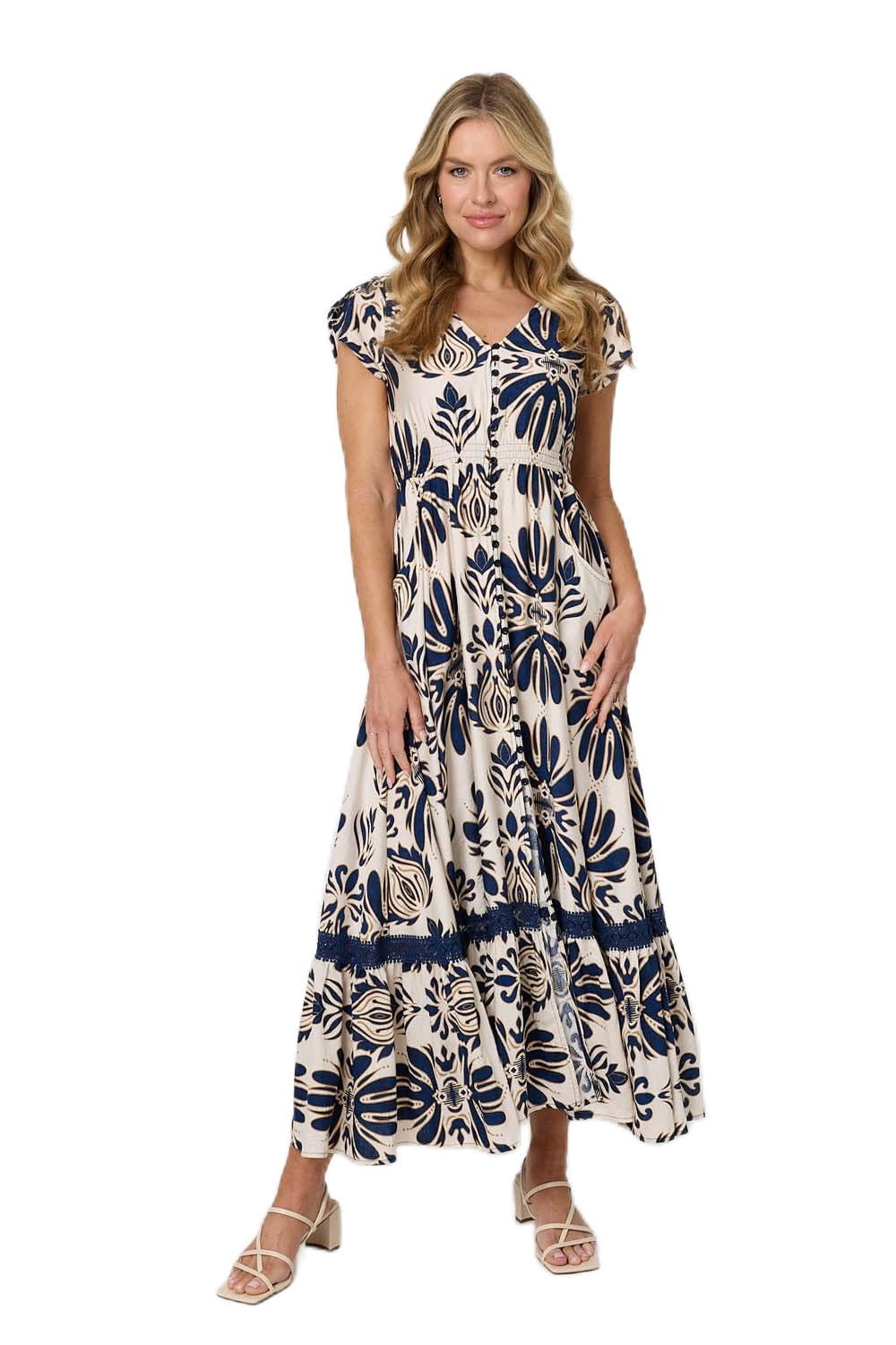 Izabel London Women's Printed Lace Trim Cap Sleeved Maxi Dress in Navy | Size: 10