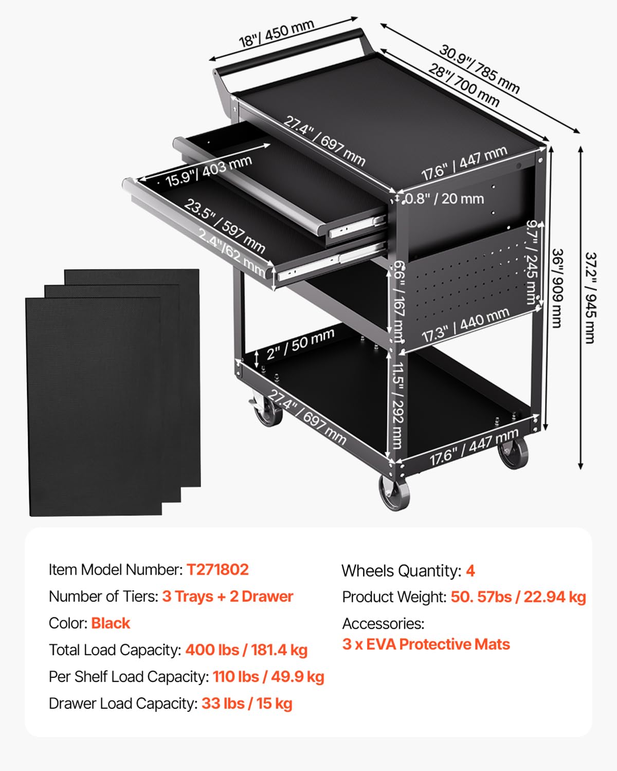 VEVOR Carrello Portautensili a 5 Ripiani con Ruote, Carico 181,4 kg Carrello da Lavoro con 2 Cassetti e Pannello Forato, Organizzatore per Utensili Meccanici con Sistema di Bloccaggio per Garage, Nero