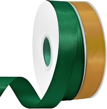 Forest Green and Gold Satin Ribbon 7/8 Inch 50 Yards Double Faced Polyester Satin Ribbons for Gift Wrapping DIY Crafts Weddings Invitations Flower Bouquet Bow Making Home Decor Sewing