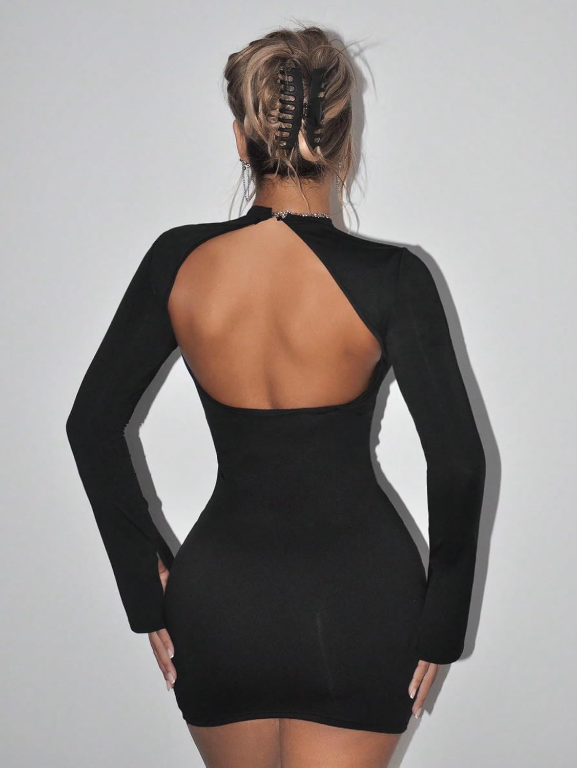 SHENHE Women's Sexy Open Back Sheer Mesh Long Sleeve Backless Bodycon Party Mini Dress - Image 2