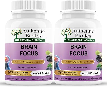 Brain Focus Supplement with Ashwagandha KSM-66   Nootropic with B Complex & Magnesium   Energy, Memory, Focus & Mental Clarity   Vegan Cognitive Support   120 Capsules 2x60 Pack