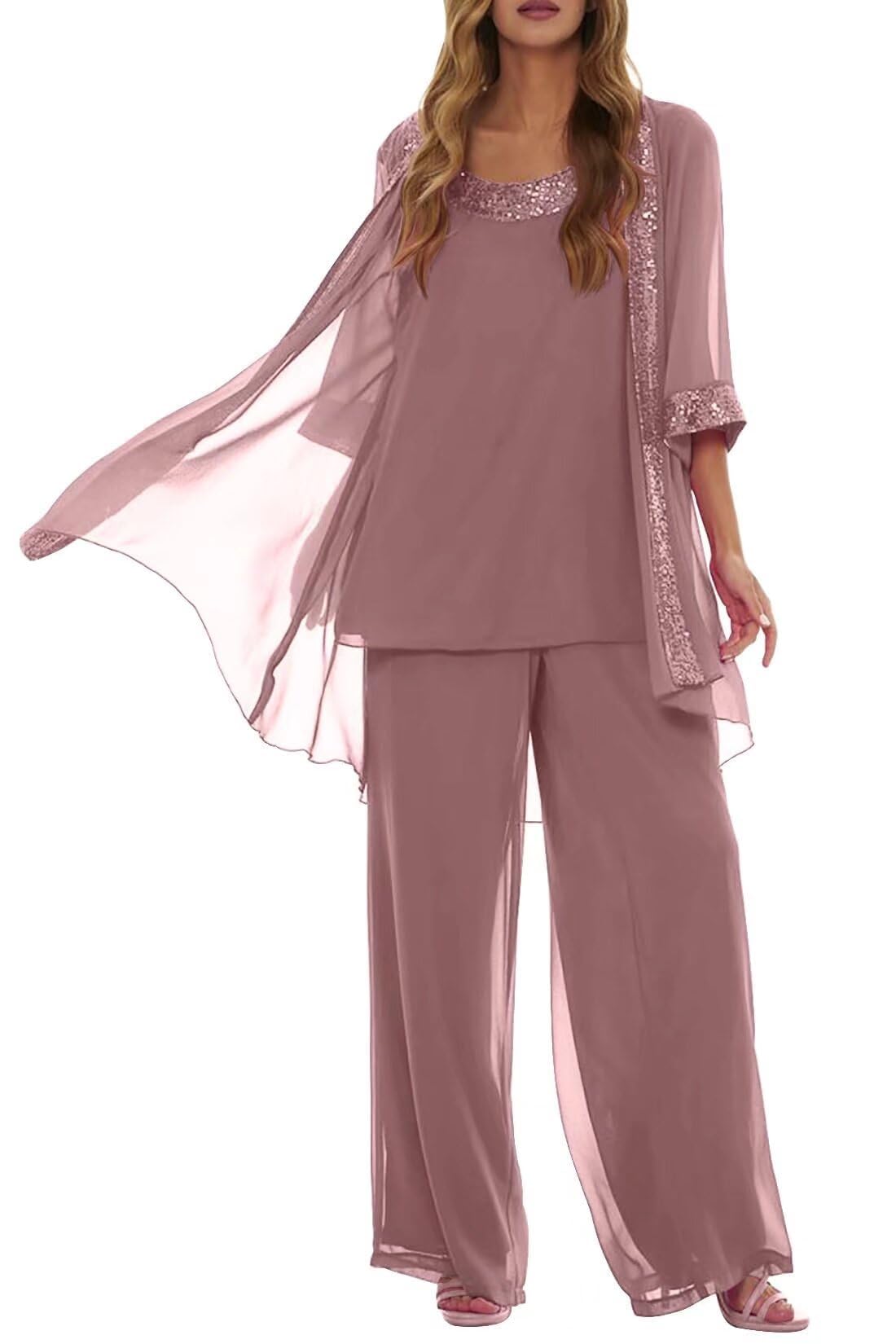 3 Pieces Mother of The Bride Pant Suits for Women Dressy - Chiffon Sparkly Sequin 3 4 Sleeve
