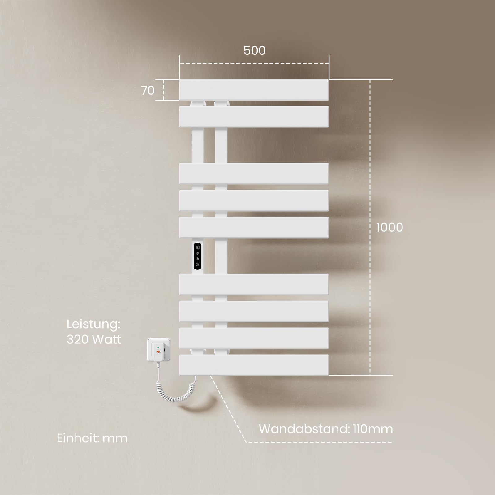 EMKE Scaldasalviette Elettrico 1000x500mm 320W Bianco, Lato Sinistro con Schermo Tattile, Controllo Wi-Fi e Funzione Timer