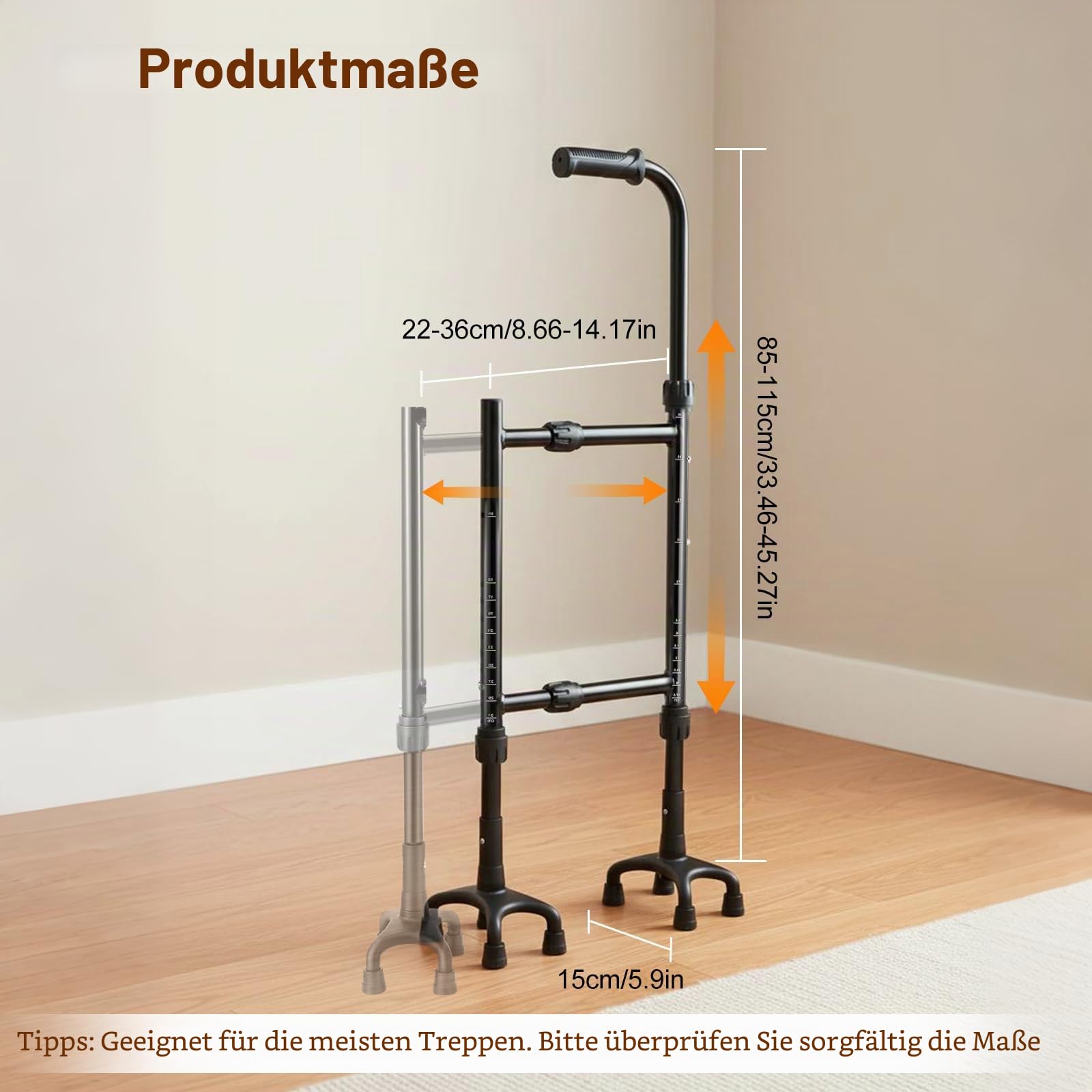 Gehstock, Treppensteighilfe Krücken Gehhilfe Stock Gehhilfe für Senioren Höhe (85-115CM) und Breite(22-36CM) Einstellbar Vierbeinige Basis Vielseitiges Gehstock Treppensteighilfe 2-in-1 Design