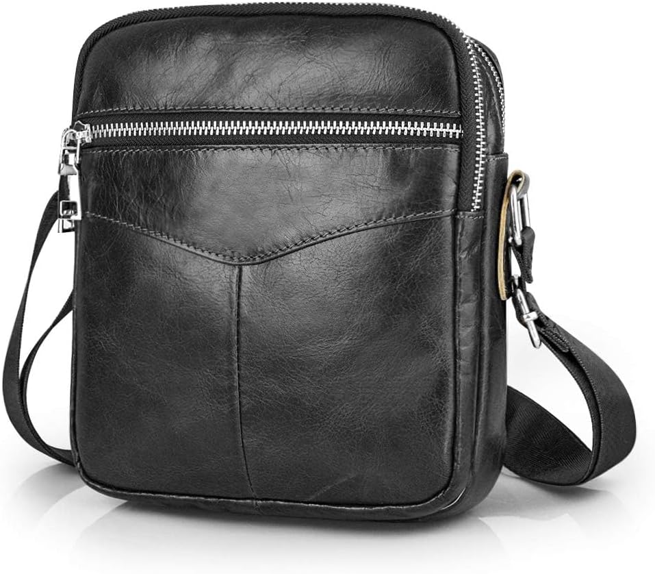 Men's Messenger Bag Genuine Leather Small Shoulder Bag Men's Shoulder Bag Business Vintage Backpacks Crossbody Bags Multifunctional Travel Handbags (Black)