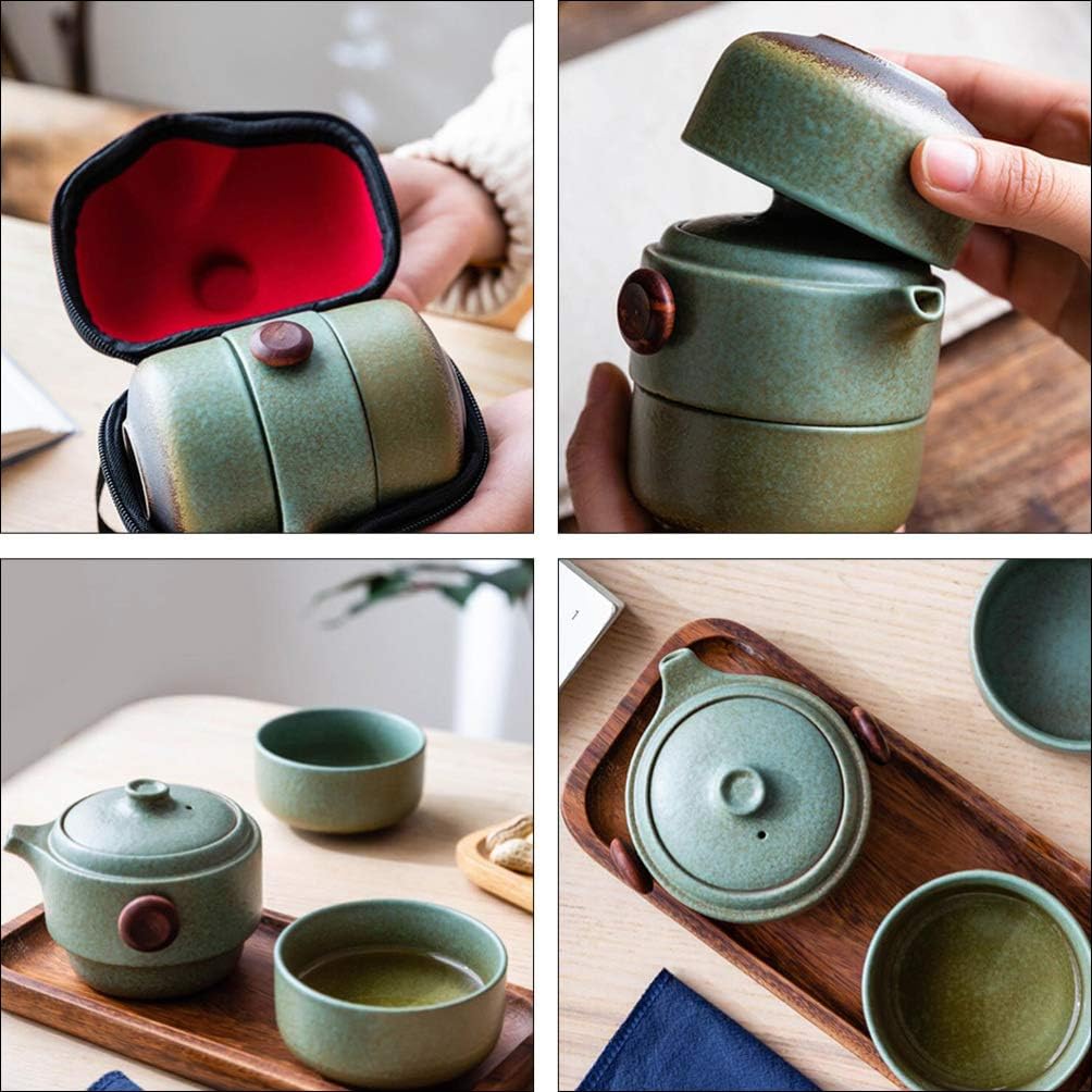 Sets Travel Tea Set Teapot with Ceramic Infuser and 2 Ceramic Cups Portable Personal pot with Carrying Case for Home Trip Office Supplies Green Mug