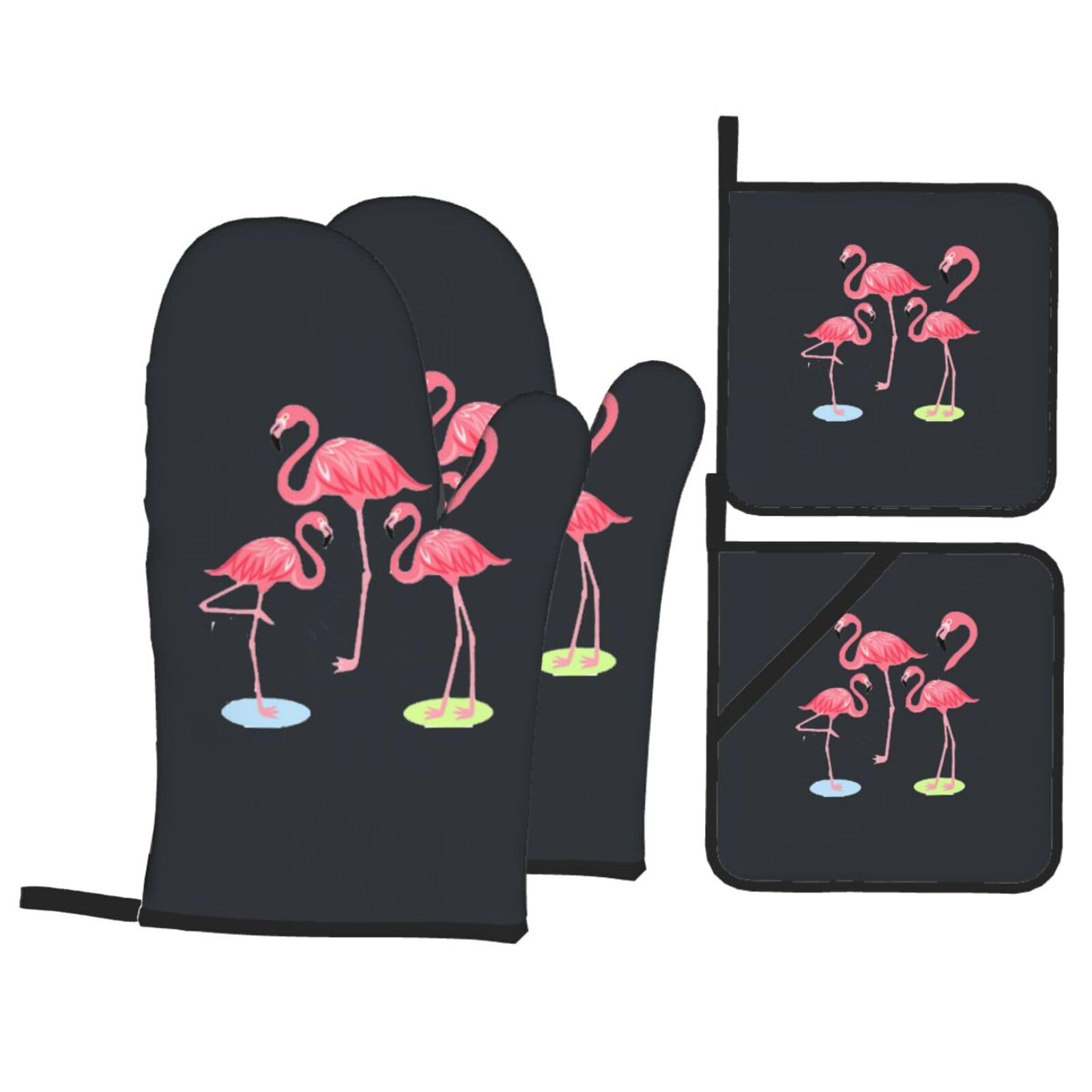 Four Flamingos Print Kitchen Oven Mitts And Pot Holders Set,Hanging Loop Design For Cooking Baking Bbq