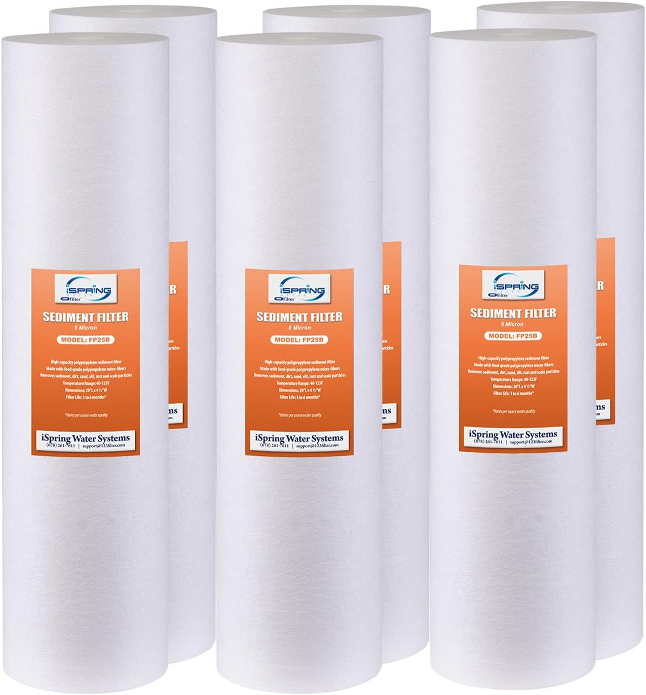 iSpring FP25BX6 High Capacity 20” x 4.5” Water Replacement Cartridges Fine Sediment Filters, 6 pieces / 5 microns, White, 6 Count