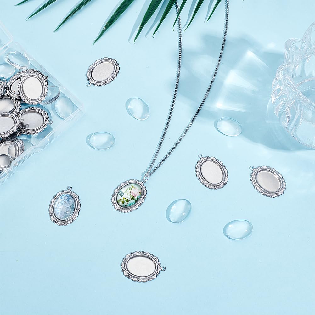 Beebeecraft 30 Sets 28x20.5mm Pendant Cabochon Settings, 304 Stainless Steel Silver Oval Bezel Pendant Blanks Settings with 18mm Oval Glass Cabochons Dome Tiles Trays Photo Charms for Wedding Bouquet