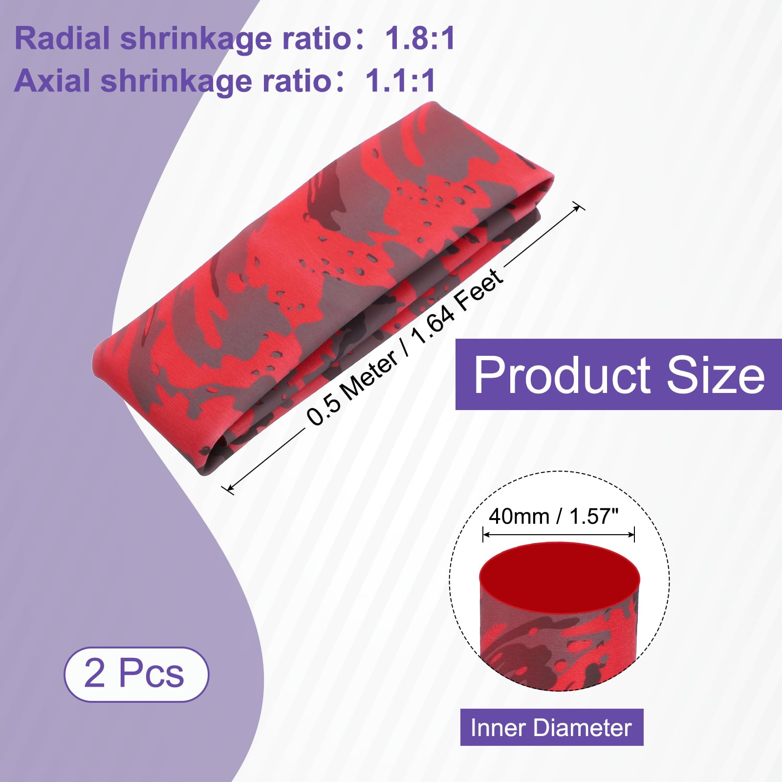 MECCANIXITY Lot de 2 tubes thermorétractables de 0,5 m, 40 mm de diamètre, 1,8:1 antidérapant et imperméable pour le sport, le fitness, rouge camouflage