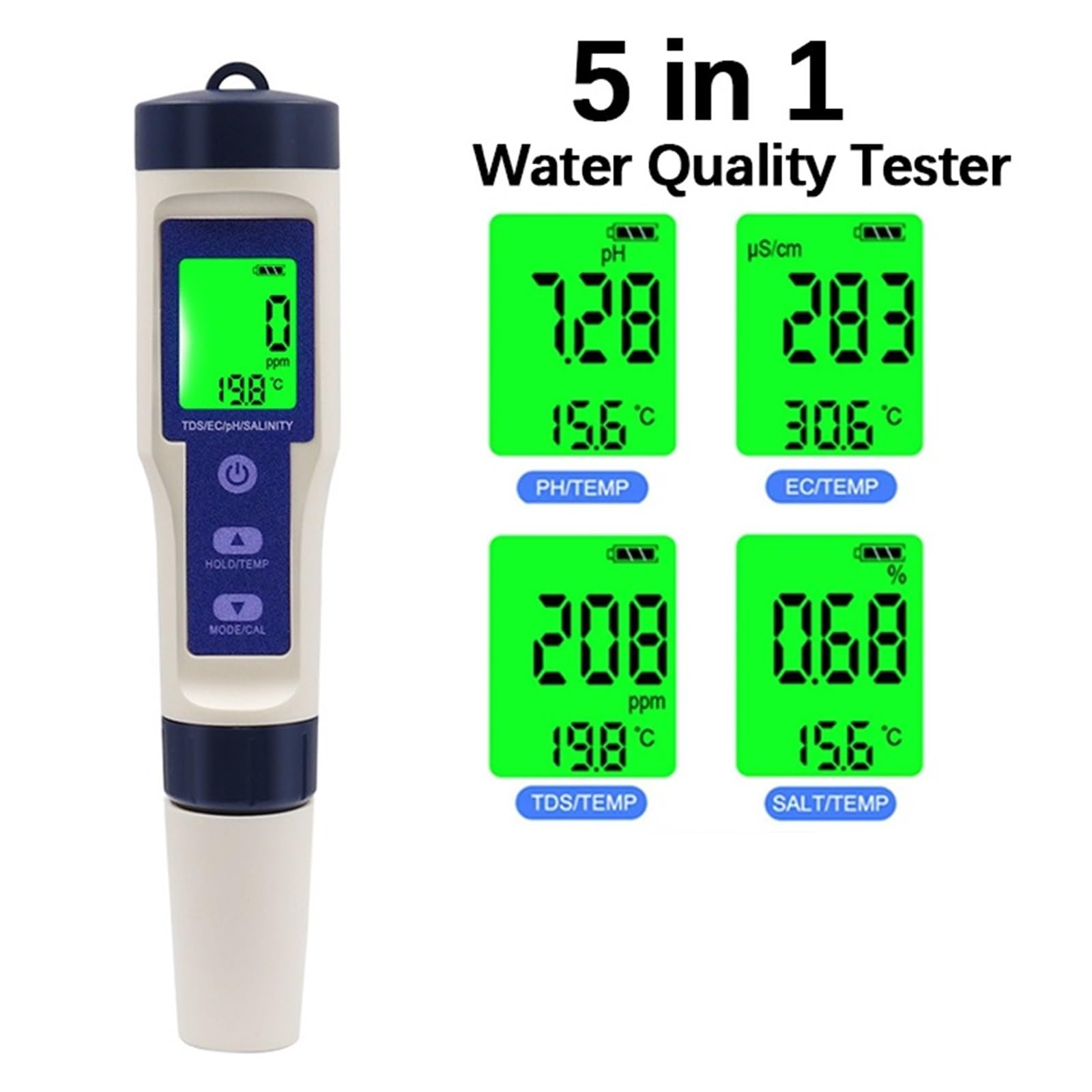 Probador De Calidad Del Agua 5 En 1, Medidor Salinidad TDS Temp EC PH, Pantalla LCD, Monitor Potable For Acuario, Hidropónico DeteccióN RáPida Y Precisa