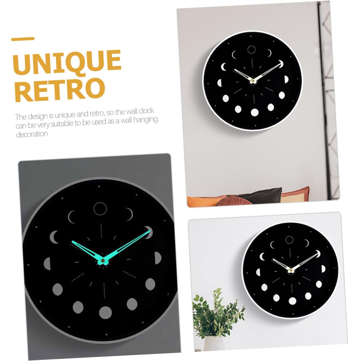 Lurrose Geräuschlose Runde Wanduhr mit Mondphasenanzeige für Schlafzimmer