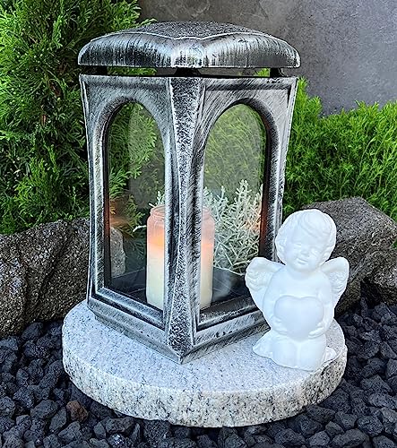 Grablampe mit Granitsockel und Engel Classico Premium Massiv Silber Grablaterne mit Sockel Grableuchte Grablicht Herz Kerze Grabkerze Grabschmuck Lampe Laterne Trauer Friedhof Grabdekoration