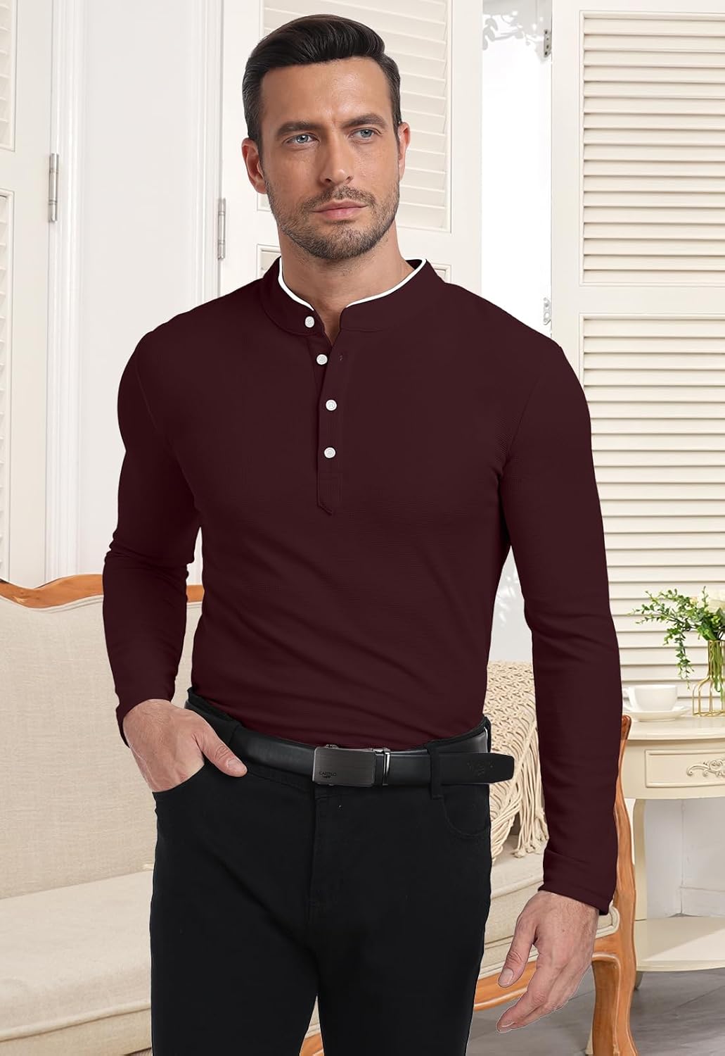 KUYIGO Men's Long Sleeve Slim Fit Mandarin Polo Shirts Waffle Button Fashion Casual Tops T-Shirt - Image 3