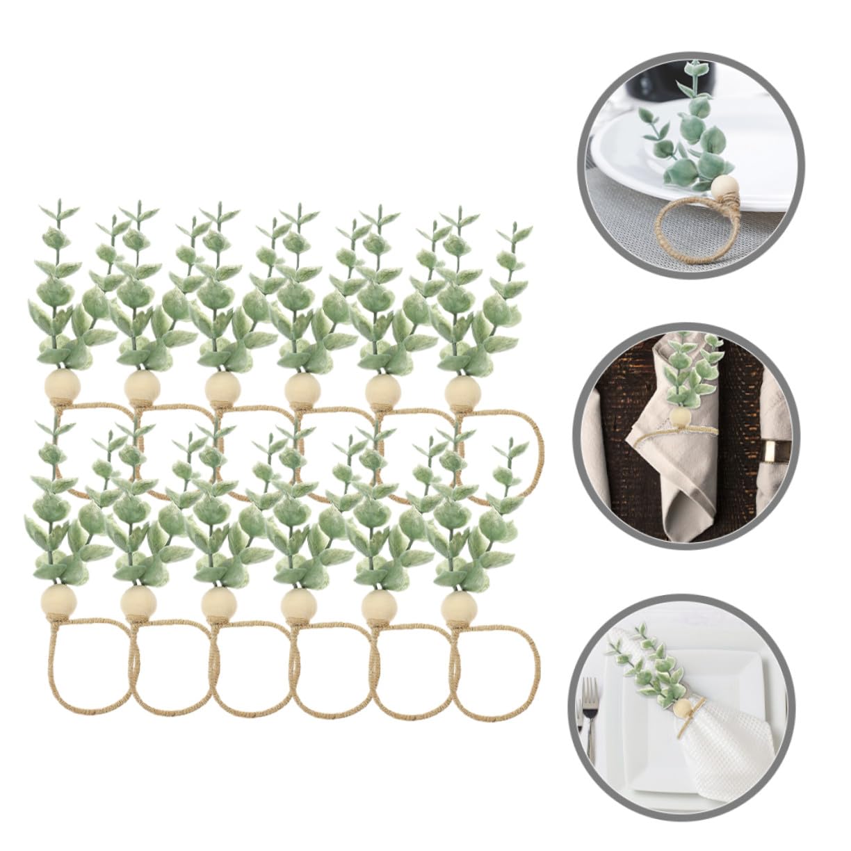 Alipis 12 Stück Teiliges Wiederverwendbare Serviettenringe mit Künstlichen Eukalyptusblättern und Holzperlen Dekorative Zarte Serviettenhalter im Boho Look für Hochzeit Party und